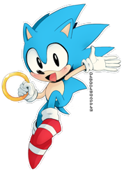 Size: 982x1380 | Tagged: safe, artist:blueblurapple, sonic the hedgehog, blushing, classic sonic, cute, holding something, looking at viewer, mouth open, outline, ring, signature, smile, solo, sonabetes