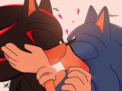 Size: 1600x1200 | Tagged: safe, artist:eloizystar, shadow the hedgehog, sonic the hedgehog, 2024, blushing, dialogue, duo, eyes closed, gay, grey background, heart, holding each other, kiss, moaning, shadow x sonic, shipping, signature, simple background