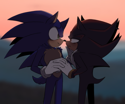 Size: 2026x1689 | Tagged: safe, artist:mikiazu, shadow the hedgehog, sonic the hedgehog, 2023, blushing, duo, finger under chin, gay, gradient background, holding hands, looking at each other, shadow x sonic, shipping, standing