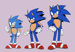 Size: 2555x1789 | Tagged: safe, artist:mikiazu, sonic the hedgehog, 2023, age progression, classic sonic, looking at viewer, modern sonic, purple background, simple background, smile, standing