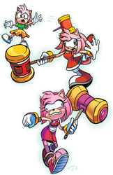 Size: 1149x1777 | Tagged: safe, artist:waniramirez, amy rose, classic amy, faic, modern amy, piko piko hammer, self paradox, signature, simple background, sonic boom (tv), trio, white background