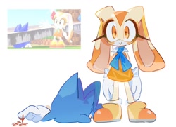 Size: 1500x1083 | Tagged: safe, artist:snti_82, cream the rabbit, sonic the hedgehog, 2024, blood, duo, lying down, murder, reference inset, screenshot, simple background, standing, white background