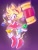 Size: 1536x2048 | Tagged: safe, artist:fluffyeviltails, amy rose, hedgehog, 2024, chaos emerald, dress, flying, gradient background, hammer, holding something, looking at viewer, piko piko hammer, smile, solo, sparkles, super amy, super form