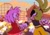 Size: 2048x1448 | Tagged: safe, artist:dexdexadet, amy rose, surge the tenrec, 2024, abstract background, duo, holding hands, lesbian, looking at each other, outdoors, pointing, shipping, smile, standing, surgamy, theme park