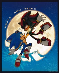 Size: 1674x2048 | Tagged: safe, artist:astrxchoi, shadow the hedgehog, sonic the hedgehog, 2025, abstract background, blushing, border, duo, english text, fireworks, gay, holding each other, lidded eyes, looking at each other, mid-air, moon, mouth open, new years, nighttime, outdoors, shadow x sonic, shipping, smile, top surgery scars, trans male, transgender