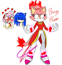 Size: 2048x2162 | Tagged: safe, artist:moondust-artz, amy rose, blaze the cat, burning blaze, sonic the hedgehog, 2024, admiration, amy x blaze, blushing, character name, eyebrow clipping through hair, fire, flame, flying, frown, hands together, heart, heart eyes, lesbian, lidded eyes, looking offscreen, shipping, simple background, smile, solo focus, super form, trio, white background