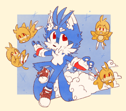 Size: 1407x1232 | Tagged: safe, artist:donelywell, flicky, miles "tails" prower, super tails, 2023, alternate super form, arm fluff, arms out, beanbrows, blue fur, chest fluff, clouds, color swap, cute, ear fluff, fingerless gloves, flickybetes, fluffy, flying, group, leg fluff, solo focus, super form, tailabetes