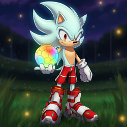Size: 1024x1024 | Tagged: safe, ai art, artist:dreamup.ai, sonic the hedgehog, 2024, abstract background, boots, bug, firefly, frown, grass, holding something, hyper form, hyper sonic, literal animal, nighttime, outdoors, prompter:mobiansaisoccerdudes, shorts, soccer ball, solo, tree