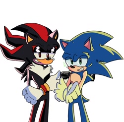 Size: 1262x1240 | Tagged: safe, artist:mills2408, shadow the hedgehog, sonic the hedgehog, 2024, arms folded, duo, looking at viewer, simple background, smile, standing, white background
