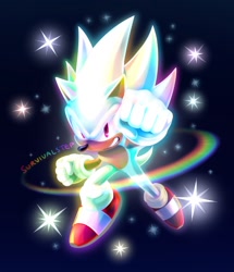 Size: 736x855 | Tagged: source needed, safe, artist:survivalstep, sonic the hedgehog, arm up, clenched fists, flying, hyper form, hyper sonic, lineless, looking at viewer, mid-air, signature, smile, solo, sparkles