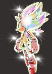 Size: 724x1024 | Tagged: safe, artist:deaddark23, sonic the hedgehog, brown background, flying, frown, hyper form, hyper sonic, looking offscreen, mid-air, simple background, solo, sparkles