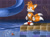 Size: 750x551 | Tagged: safe, artist:jaxxblackfox, miles "tails" prower, hydrocity zone, 2005, abstract background, bubble, chopper, classic tails, lineless, looking at viewer, ring, robot, signature, slide, smile, solo, sonic the hedgehog 3, standing, water