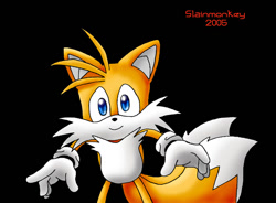 Size: 767x564 | Tagged: safe, artist:slainmonkey, miles "tails" prower, 2005, black background, looking offscreen, signature, simple background, smile, solo, standing