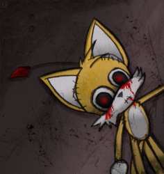 Size: 483x512 | Tagged: safe, artist:last69skulls, tails doll, 2009, abstract background, bleeding, bleeding from eyes, bleeding from mouth, blood, creepy, looking at viewer, solo