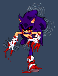 Size: 900x1169 | Tagged: safe, artist:geckofeetart, sonic the hedgehog, oc, oc:sonic.exe, 2016, black sclera, bleeding, bleeding from eyes, blood, blood stain, blue background, claws, dripping blood, glitch, looking offscreen, ripple, sharp teeth, simple background, smile, solo, walking