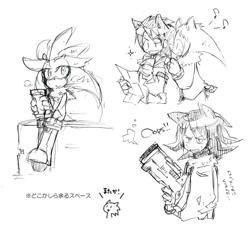 Size: 691x642 | Tagged: safe, artist:34_6, shadow the hedgehog, silver the hedgehog, sonic the hedgehog, human, greyscale, gun, holding something, humanized, japanese text, monochrome, partially humanized, simple background, sitting, sketch, trio, white background