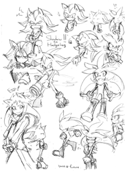 Size: 600x826 | Tagged: safe, artist:34_6, shadow the hedgehog, silver the hedgehog, human, bazooka, character name, duo, english text, greyscale, holding something, humanized, monochrome, multiple views, partially humanized, simple background, sketch, sketch page, smile, traditional media, white background