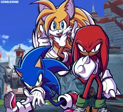 Size: 1847x1682 | Tagged: safe, artist:scrimblocrimbo, knuckles the echidna, miles "tails" prower, sonic the hedgehog, sonic heroes, abstract background, ocean palace, posing, team sonic, trio, victory pose