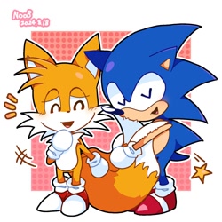 Size: 1280x1280 | Tagged: safe, artist:noob6232128, miles "tails" prower, sonic the hedgehog, cute, duo, eyes closed, fluffy, question mark, sonabetes, standing, star (symbol), tailabetes