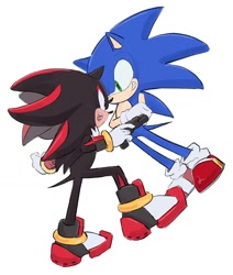 Size: 1276x1502 | Tagged: safe, artist:goatt344, shadow the hedgehog, sonic the hedgehog, angry, clenched teeth, duo, gun, holding something, looking at each other, simple background, standing, white background