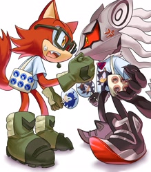 Size: 1798x2048 | Tagged: safe, artist:goatt344, gadget the wolf, infinite the jackal, shadow the hedgehog, sonic the hedgehog, angry, bag, cross popping vein, duo, hand fan, infinite's mask, looking at each other, standing