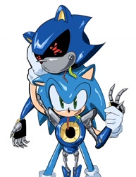 Size: 899x1165 | Tagged: safe, artist:goatt344, metal sonic, sonic the hedgehog, duo, holding something, robot, severed head, simple background, smile, standing, white background, wires, x eyes