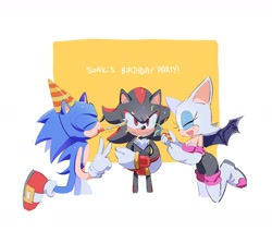 Size: 1566x1326 | Tagged: safe, artist:goatt344, rouge the bat, shadow the hedgehog, sonic the hedgehog, birthday, confetti, english text, party hat, party popper, simple background, white background