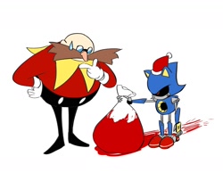 Size: 1656x1342 | Tagged: safe, artist:goatt344, metal sonic, robotnik, bag, blood, classic robotnik, holding something, robot, santa hat, simple background, standing, sweatdrop, white background