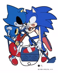 Size: 1622x2048 | Tagged: safe, artist:goatt344, metal sonic, sonic the hedgehog, duo, guitar, holding something, korean text, looking at each other, microphone, mouth open, playing music, robot, simple background, white background