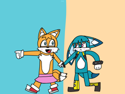 Size: 2160x1620 | Tagged: safe, artist:sonilverfan76, kit the fennec, miles "tails" prower, flat colors, gay, holding hands, kitails, shipping, transgender