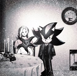 Size: 1434x1404 | Tagged: safe, artist:ssedgehog, black doom, maria robotnik, shadow the hedgehog, human, candle, doom's eye, greyscale, hands behind back, indoors, looking at viewer, monochrome, redraw, table, trio