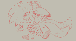 Size: 640x344 | Tagged: source needed, safe, artist:riri_galpal, miles "tails" prower, sonic the hedgehog, blushing, blushing ears, duo, eyes closed, floppy ears, gay, grey background, holding another's face, kiss, lidded eyes, line art, looking at them, monochrome, shipping, simple background, sitting, sonic x tails, wagging tail