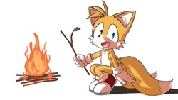 Size: 1248x702 | Tagged: safe, artist:seen023hey, miles "tails" prower, 2025, campfire, cute, fire, holding something, looking at viewer, mouth open, shadow (lighting), simple background, smile, solo, squatting, stick, tailabetes, white background