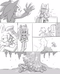 Size: 1647x2047 | Tagged: safe, artist:41waysu, miles "tails" prower, sonic the hedgehog, 2025, apron, blacksmith, comic, duo, frown, gay, goggles, grass, indoors, monochrome, outdoors, shipping, simple background, sitting, sleeping, smile, sonic x tails, sweatdrop, tree, under a tree, white background