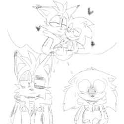 Size: 1280x1280 | Tagged: safe, artist:eliaswal999, miles "tails" prower, nine, sonic the hedgehog, 2025, aged up, alternate universe, baby, blushing, clothes, crossover, cute, duo, fankid, frown, heart, line art, magical gay spawn, monochrome, nine x sonic, older, parent:sonic, parent:tails, parents:sontails, shipping, simple background, smile, squid game, standing, thought bubble, white background