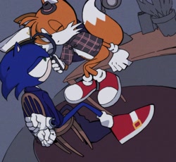 Size: 2048x1884 | Tagged: safe, artist:thornsntails, miles "tails" prower, sonic the hedgehog, the murder of sonic the hedgehog, 2025, abstract background, chair, duo, gay, holding something, indoors, looking at each other, magnifying glass, one eye closed, shipping, sitting, sonic x tails, table