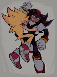 Size: 1506x2048 | Tagged: safe, artist:shadadow, shadow the hedgehog, sonic the hedgehog, 2025, abstract background, duo, fleetway super sonic, gay, holding each other, looking at each other, shadow x sonic, sharp teeth, shipping, super form