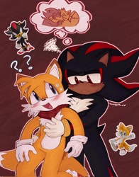 Size: 1609x2048 | Tagged: safe, artist:trixc3ss, miles "tails" prower, shadow the hedgehog, 2025, abstract background, blushing, cute, duo, frown, gay, holding them, kiss, lidded eyes, looking at each other, outline, scarf, shadow x tails, shipping, signature, smile, standing, sweatdrop, tailabetes, thought bubble