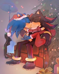 Size: 1176x1480 | Tagged: safe, artist:pinklilim, shadow the hedgehog, sonic the hedgehog, 2025, abstract background, arm warmers, barefoot, blushing, christmas, christmas hat, christmas outfit, christmas tree, collar, duo, eyes closed, gay, holding each other, indoors, kiss, lamp, shadow x sonic, shipping, sofa, stockings, sweatdrop, tree