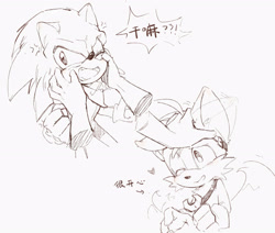 Size: 3264x2770 | Tagged: safe, artist:c52278, artist:狗不理栗子好吃吗, miles "tails" prower, sonic the hedgehog, 2020, cross popping vein, dialogue, duo, headpats, holding something, japanese text, line art, monochrome, mouth open, petting, simple background, sonic boom (tv), white background, wrench