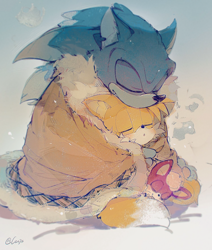 Size: 1500x1767 | Tagged: safe, artist:c52278, artist:狗不理栗子好吃吗, chip, miles "tails" prower, sonic the hedgehog, sonic unleashed, 2021, blanket, chipabetes, cute, eyes closed, gay, gradient background, shipping, sleeping, sonic the werehog, sonic x tails, tailabetes, trio, were form, werehog