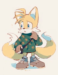 Size: 2538x3264 | Tagged: safe, artist:c52278, artist:狗不理栗子好吃吗, miles "tails" prower, 2020, alternate shoes, bag, cute, fingerless gloves, grey background, looking offscreen, mouth open, question mark, simple background, socks, solo, standing, sweater, tailabetes