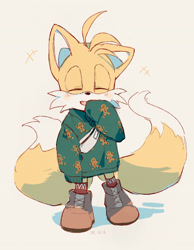 Size: 2728x3508 | Tagged: safe, artist:c52278, artist:狗不理栗子好吃吗, miles "tails" prower, 2020, alternate shoes, bag, blushing, cute, eyes closed, fingerless gloves, grey background, laughing, oversized, simple background, socks, solo, standing, sweater, tailabetes