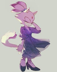 Size: 1638x2048 | Tagged: safe, artist:c52278, artist:狗不理栗子好吃吗, blaze the cat, 2020, alternate outfit, cute, dress, eyes closed, gloves off, grey background, hand behind head, heels, simple background, smile, solo, standing