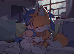 Size: 5222x3829 | Tagged: safe, artist:c52278, artist:狗不理栗子好吃吗, miles "tails" prower, sonic the hedgehog, 2020, abstract background, blushing, couch, cute, duo, frown, gay, gloves, holding each other, holding hands, holding something, house, indoors, mouth open, nighttime, pillow, remote controller, shipping, shoes off, sitting, sleeping, socks, sofa, sonic x tails, window