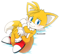 Size: 3625x3388 | Tagged: safe, artist:noonnoon531, miles "tails" prower, 2022, blushing, cute, hugging tail, looking at viewer, lying down, shy, signature, simple background, smile, solo, tailabetes, white background