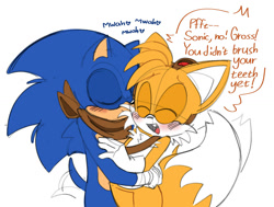 Size: 1370x1033 | Tagged: safe, artist:ilovetails, miles "tails" prower, sonic the hedgehog, 2025, age difference, blushing, cute, dialogue, duo, english text, eyes closed, gay, holding each other, kiss on cheek, mwah, one fang, sfx, shipping, simple background, sketch, sonabetes, sonic boom (tv), sonic x tails, standing, tailabetes, wagging tail, white background