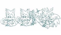 Size: 2048x1182 | Tagged: safe, artist:41waysu, miles "tails" prower, sonic the hedgehog, 2025, duo, faic, gay, hugging from behind, line art, monochrome, scared, screwdriver, shipping, simple background, sitting, sonic x tails, surprise hug, surprised, white background