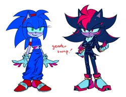 Size: 1280x982 | Tagged: safe, artist:sa1k_a, shadow the hedgehog, sonic the hedgehog, asymmetrical pants, black fur, blue fur, crop top, female, fingerless gloves, gender swap, gloves, green eyes, jacket, jeans, pants, red eyes, red fur, shoes, single pantsleg