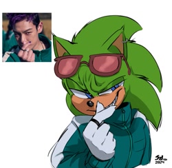 Size: 1069x1044 | Tagged: safe, artist:sd101_heba00, scourge the hedgehog, 2025, crossover, ear piercing, earring, lidded eyes, looking offscreen, reference inset, sharp teeth, signature, simple background, smile, solo, squid game, standing, white background